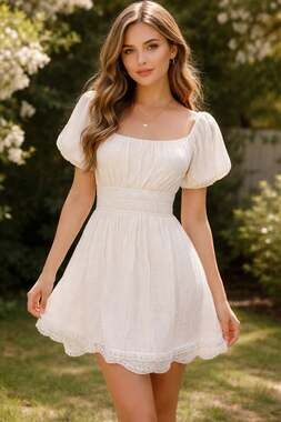 AS U WISH White Textured Smocked Waist Mini Dress with Lace Trim